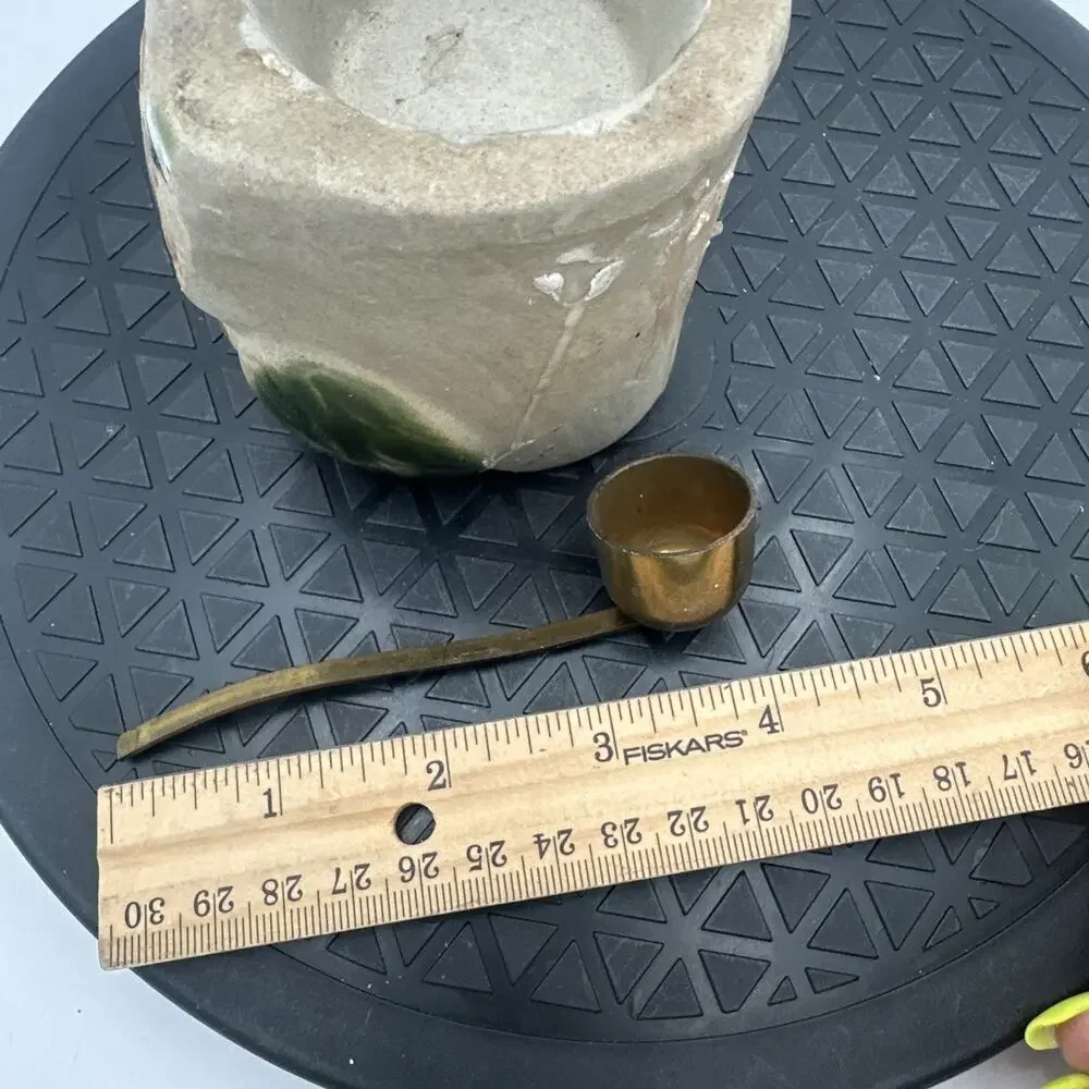 Vintage 70s Stoneware Owl Votive Candle Holder With Brass Candle Snuffer
